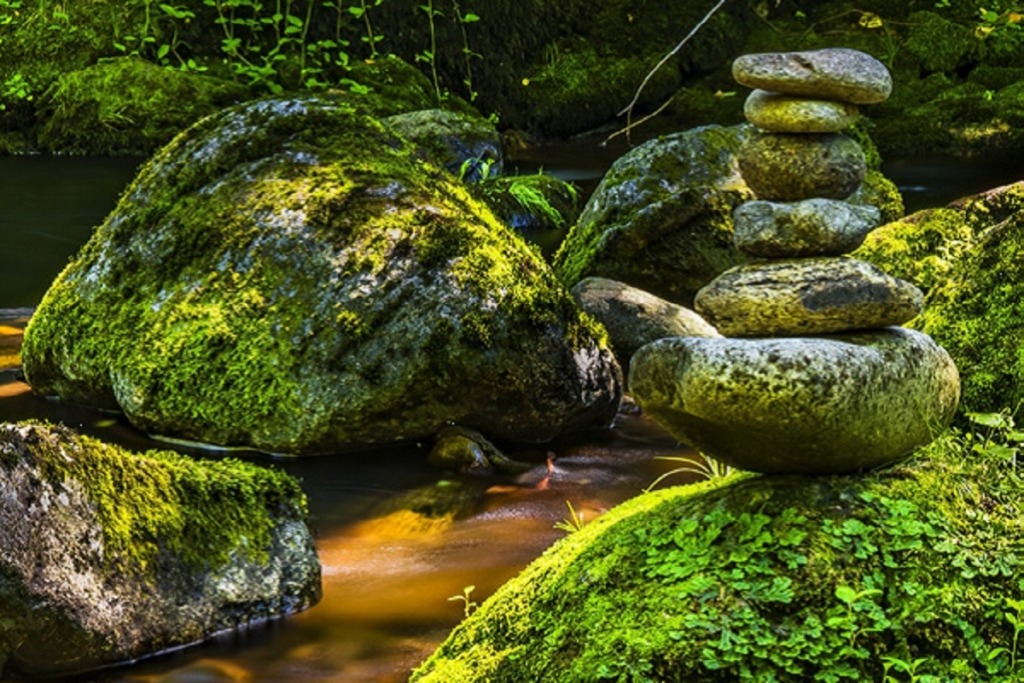 moss covered rocks with stream and stacked stones