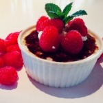 raspberry creme caramel in white dish