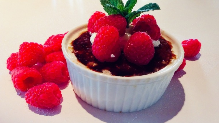 raspberry creme caramel in white dish