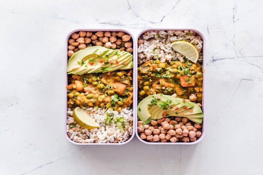 packed lunchbox with legumes and avocado